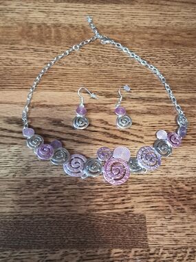 Silver and Pink Spiral Necklace with Matching Earrings